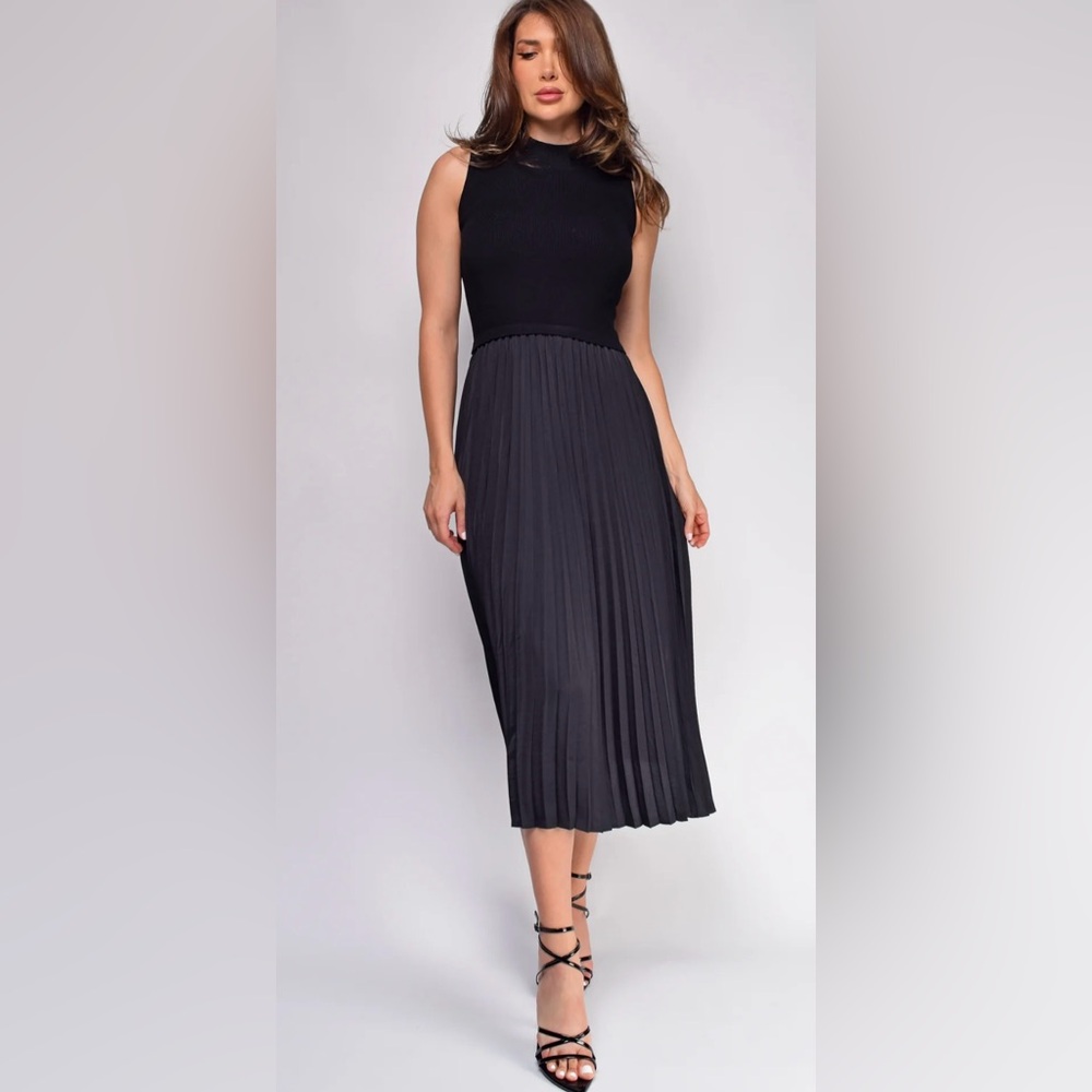 EMPRADA Ashlen Black Pleated Contrast High Neck Midi Dress